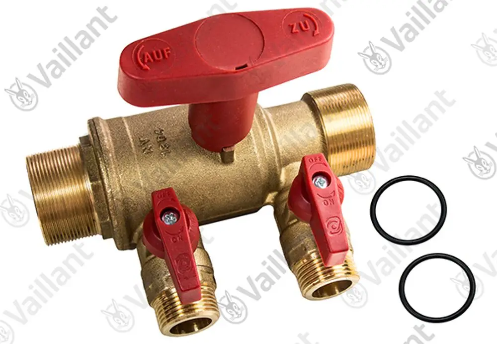 Vaillant Ventil mit rotem Drehgriff zur Steuerung des Wasserdurchflusses, mit zwei Anschlussmöglichkeiten und O-Ringen zur Abdichtung.